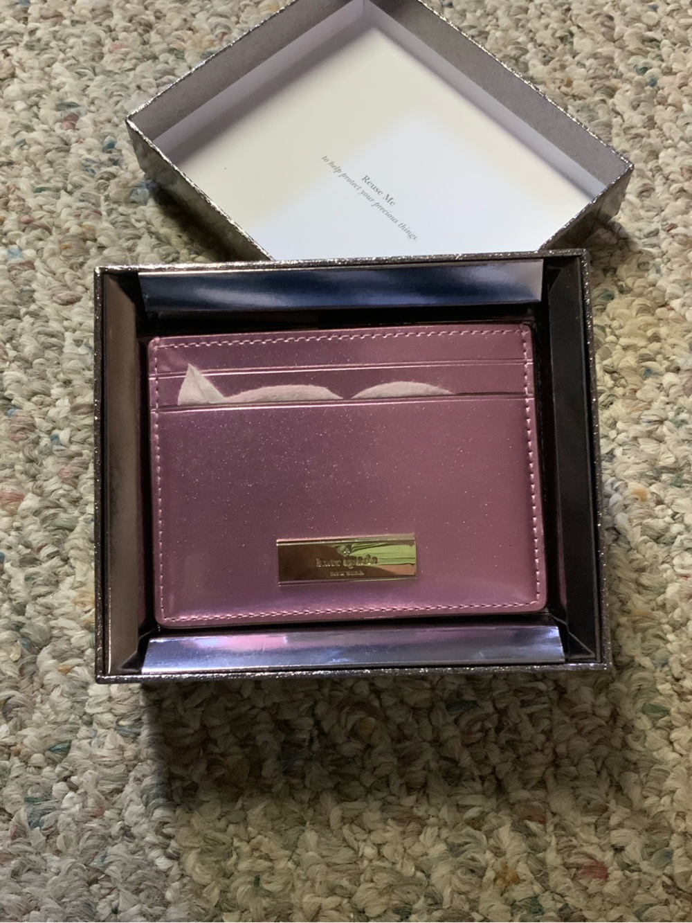 kate spade mauve metallic pink compact wallet with gold logo plate NWT
